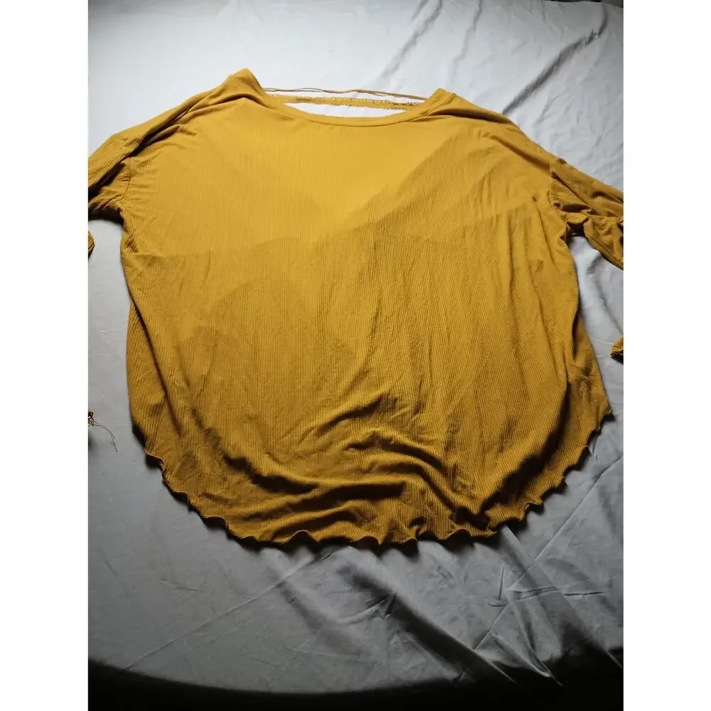 Free‎ People Blouse Top Yellow Cross Open Back Long sleeve Light Weight Rib XS